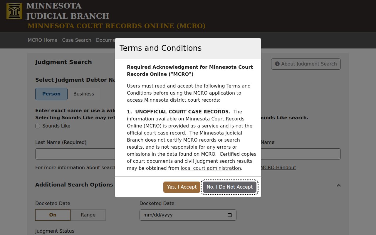 Kittson County case lookup judgment search screen