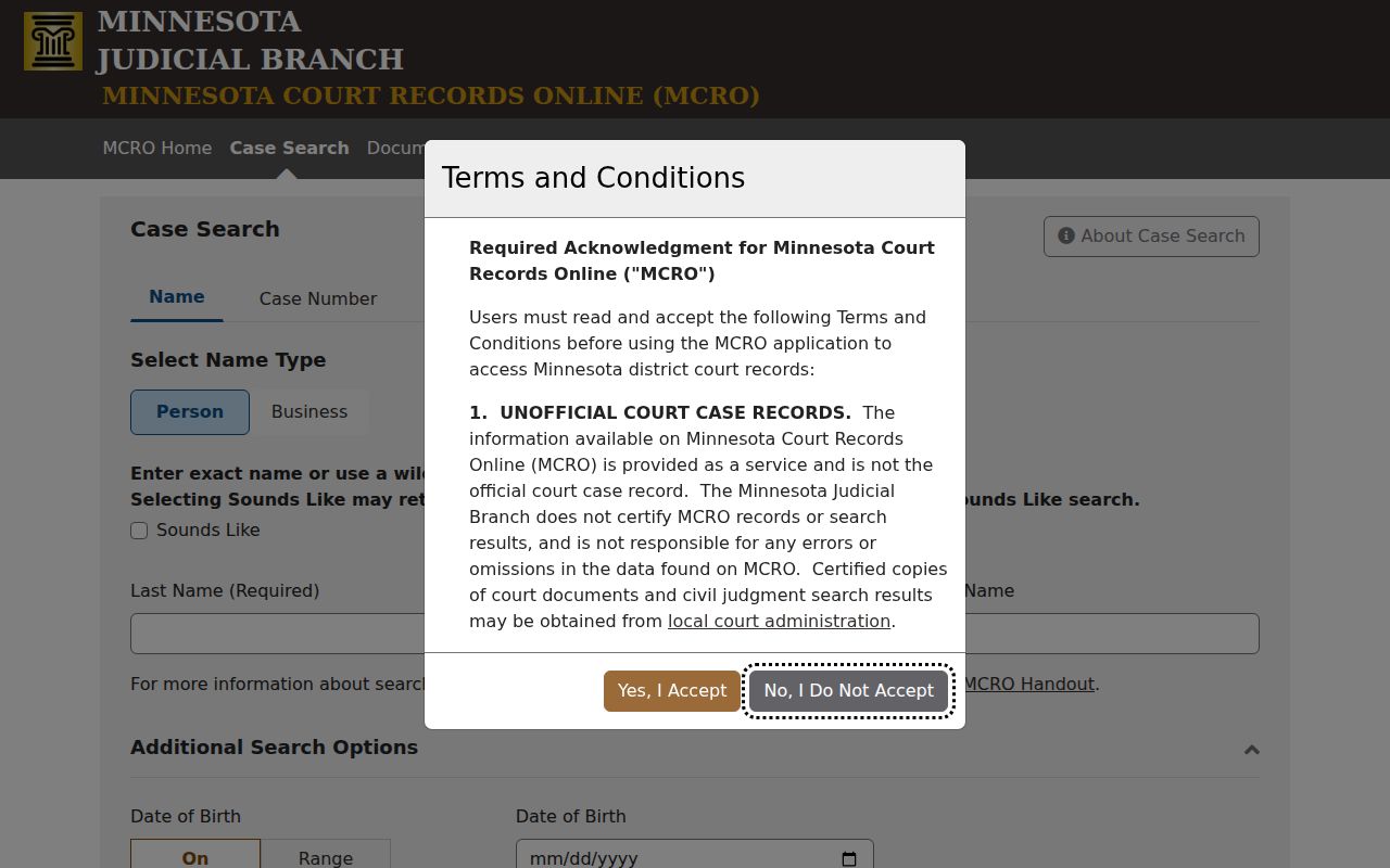 Kittson County court docket MCRO case search interface