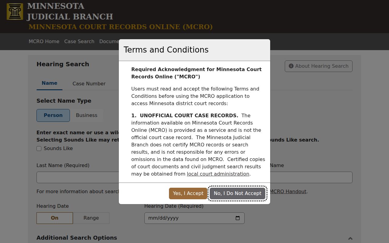Kittson County court docket hearing settings search controls