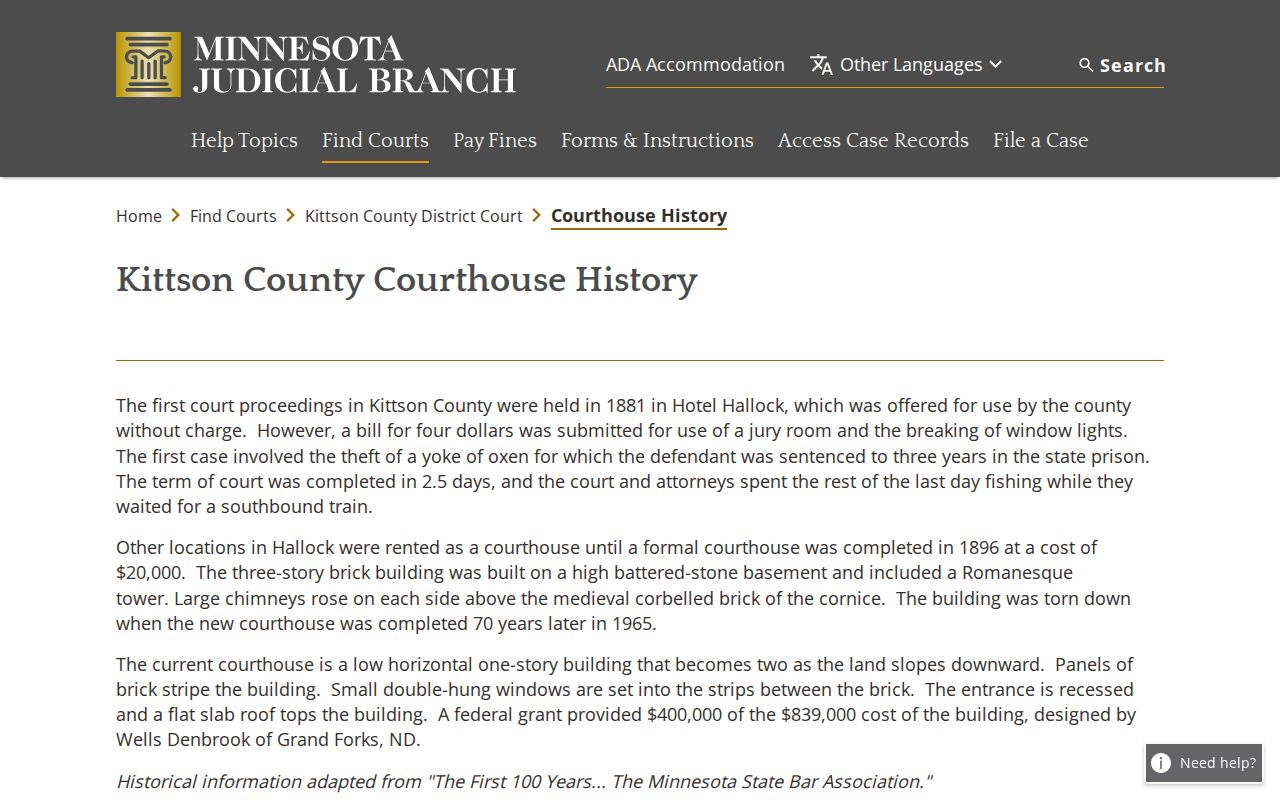 Kittson County court docket official courthouse history page